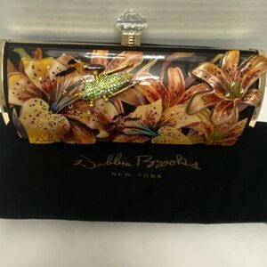 Debbie Brooks Grasshopper & Floral Clutch Swarovski Crystals Dust bag & Chain